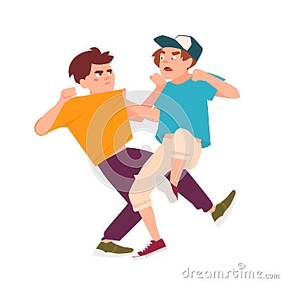 Pair of fighting children. Conflict between kids, violent behavior among teenagers, violence at school. Cartoon Vector Illustration