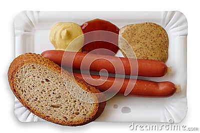 Pair of frankfurter sausages with a slice of bread on paper plat Stock Photo