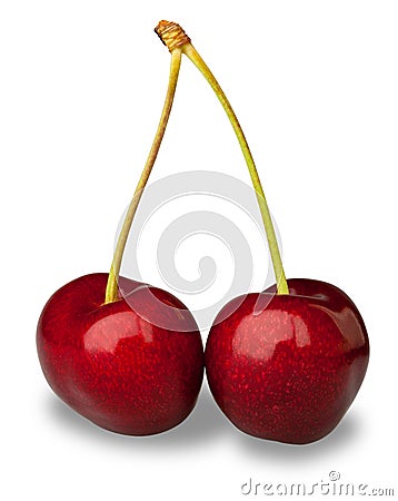 Pair fresh cherries on white with clipping path Stock Photo