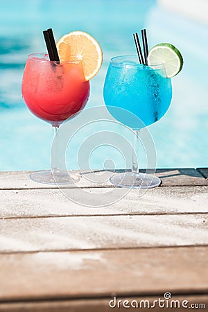 Fruity Summer Drinks By The Pool Side Stock Photo