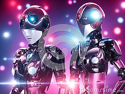 A pair of genderless robots in futuristic clothing, standing side by side Stock Photo