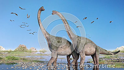 Couple of Brachiosaurus altithorax and a flock of Pterosaurs in a scenic Late Jurassic landscape Stock Photo