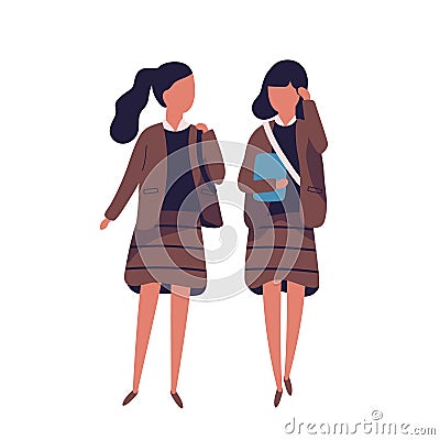 Pair of girls dressed in school uniform. Female students, pupils, classmates, schoolfellows walking together and talking Vector Illustration