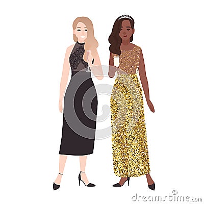 Pair of girls in posh elegant evening dresses standing together and drinking champagne. Pretty young women dressed for Vector Illustration