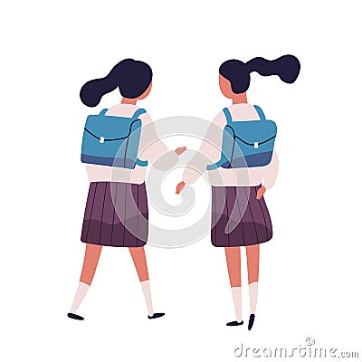 Pair of girls or twin sisters dressed in school uniform. Female students, pupils, classmates, classfellows or friends Vector Illustration