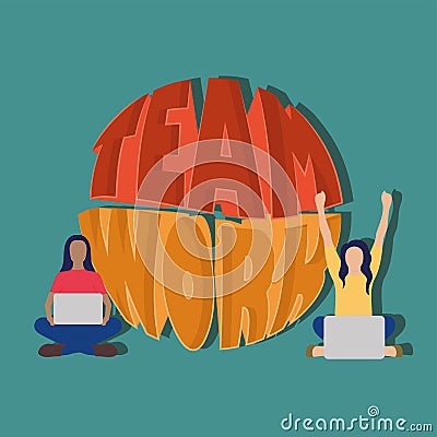 Pair of girls working together via internet Teamwork concept Vector Vector Illustration