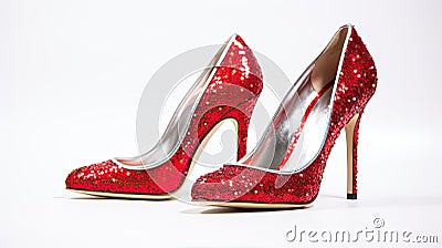a pair of glamorous, sparkling high heel shoes, of those worn on the red carpet, against a pristine white background to Stock Photo