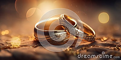 A pair of gold wedding rings with diamonds. Bokeh background Stock Photo
