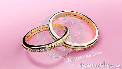 Pair of golden wedding rings connected together forever with carved love words that symbolize carrying and eternal relationship Cartoon Illustration