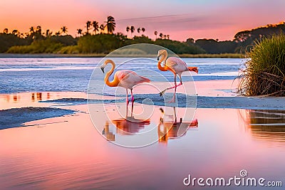 A pair of graceful flamingos wading in the shallows of a tranquil, pink-hued saltwater lagoon Stock Photo