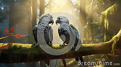 A pair of grey parrots perched on a moss-covered branch, Stock Photo