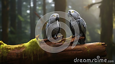 A pair of grey parrots perched on a weathered tree stump Stock Photo