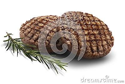 Pair of grilled beef burgers with rosemary Stock Photo