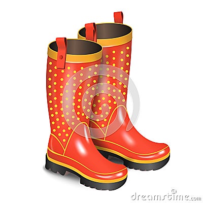 Pair of gumboots. Rain red boots with dots isolated on white Vector Illustration