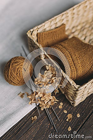 A pair of hand knitted socks in a basket, knitting needles and yarn ball. Background for handmade and slow homelife Stock Photo
