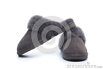 Pair of handcrafted leather slippers with wool lining Stock Photo