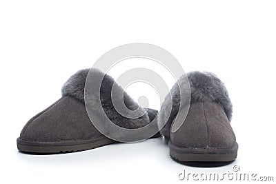 Pair of handcrafted leather slippers with wool lining Stock Photo