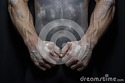 a pair of hands chalked up and ready to lift weights Stock Photo