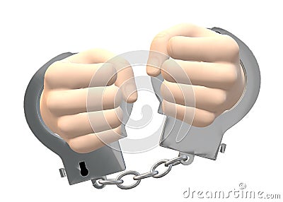 A pair of hands cuffed by handcuffs against a white backdrop Cartoon Illustration