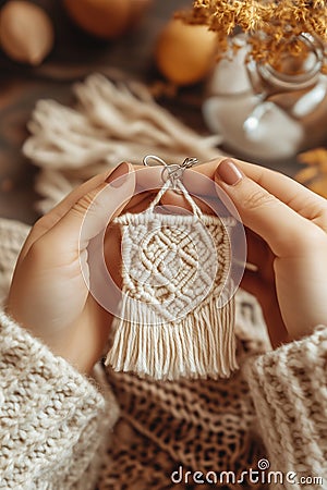 pair of hands expertly weaving a macrame keychain, making it perfect for crafting tutorials and DIY projects Stock Photo