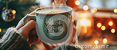 A Pair Of Hands Holding A Steaming Cup Of Coffee With The Phrase Morning Ritual Stock Photo