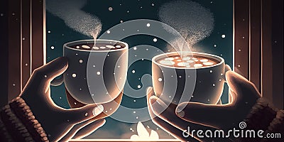 pair of hands holding a steaming mug of hot chocolate, cupped together Cartoon Illustration