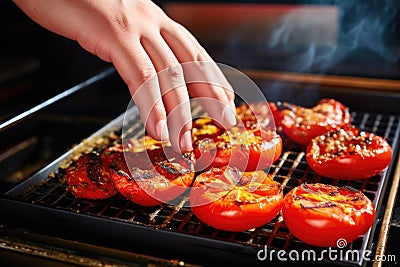 a pair of hands picking up a grilled tomato from a tray Stock Photo