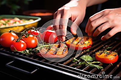 a pair of hands picking up a grilled tomato from a tray Stock Photo