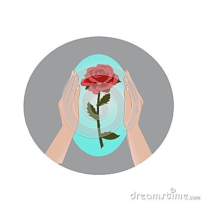A pair of hands protecting a stalk of thorny red rose. Cartoon illustration. Cartoon Illustration