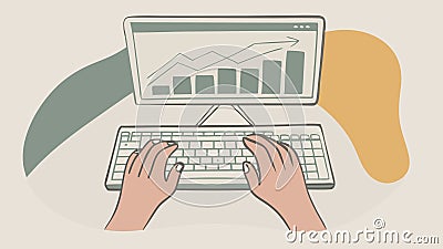 Hands Typing on Keyboard with Upward Trending Graph on Computer Screen Data Work Chart Growth Office Stock Photo