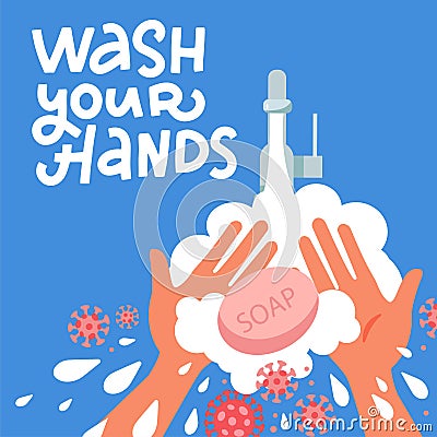 Pair of hands washing using soap and bubbles.Handwashing coronavirus concept. Clean arm in foam. Vector flat cartoon illustration Cartoon Illustration