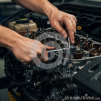 Hands using a socket wrench to work on an engine part Stock Photo