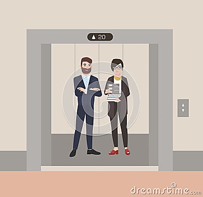 Pair of happy friendly male and female employees or office workers standing in elevator with open doors. Colleagues Vector Illustration