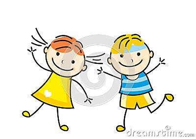 Pair, happy jumping kids, girl and boy, vector picture, eps. Vector Illustration