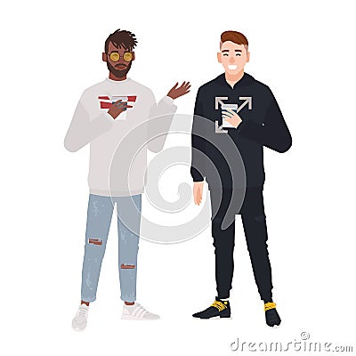 Pair of happy men dressed in casual clothes talking and drinking coffee. Dialog between friends or mates, meeting or Vector Illustration