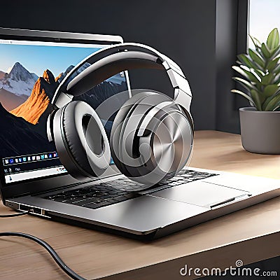 A pair of headphones is inserted into the laptop screen and has a design that combines realism with digital elements Cartoon Illustration