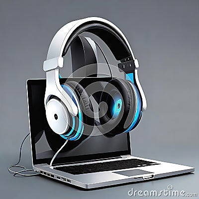 A pair of headphones is inserted into the laptop screen and has a design that combines realism with digital elements Cartoon Illustration