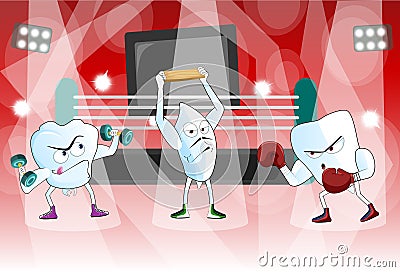 A pair of healthy teeth in a boxing ring ready to Vector Illustration