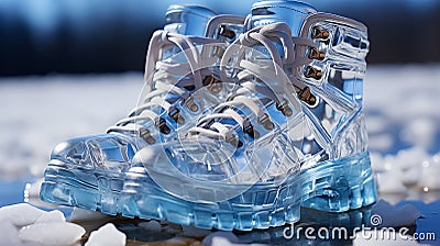 a pair of heavy snow ice boots on white snow background Stock Photo