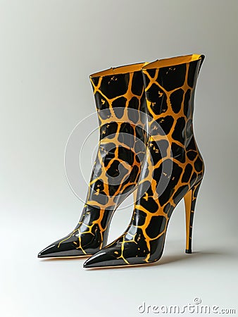 Pair of high heel ankle boots with giraffe print. Stock Photo