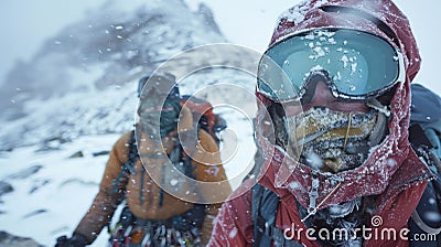 A pair of hikers their features obscured by goggles and hoods check their supplies and assess their situation as they Stock Photo