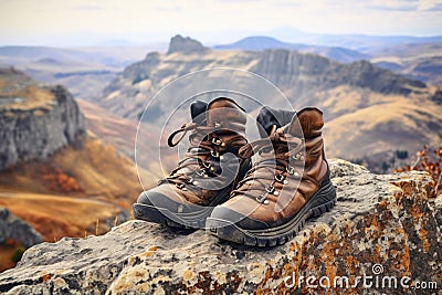 pair of hiking boots on a cliff edge overlooking mountains Stock Photo