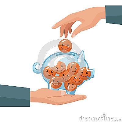 Pair human hands depositing coin in the form of happy face in a money piggy bank Vector Illustration