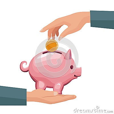 Pair human hands depositing coin in a money piggy bank Vector Illustration