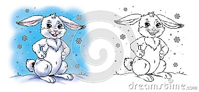 Coloring page with rabbit under the snow Cartoon Illustration
