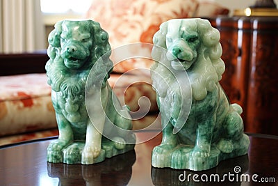 pair of jade fu dogs guarding antique vase Stock Photo