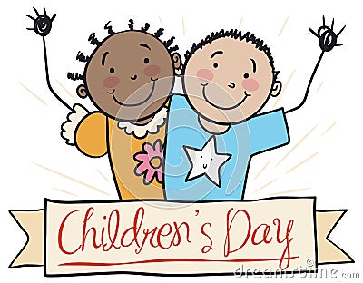 Pair of Kids Hugging Each Other in Children`s Day, Vector Illustration Vector Illustration