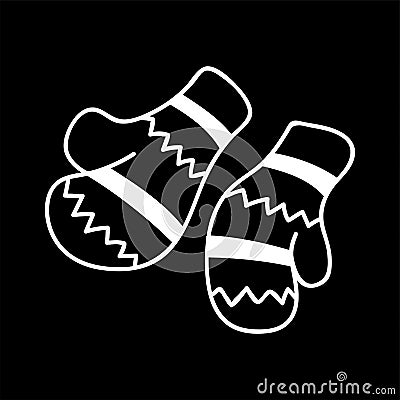 Pair of knitted christmas mittens. Mittens simple icon. isolated white silhouette. illustration, cartoon chalk style Cartoon Illustration