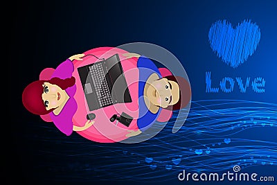 Pair of laptop. background blue. Valentine s Day Vector Illustration