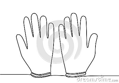 Pair of latex gloves. Continuous one line drawing of rubber glove for protect cleaning, medicine, scientist and cosmetology. Black Vector Illustration